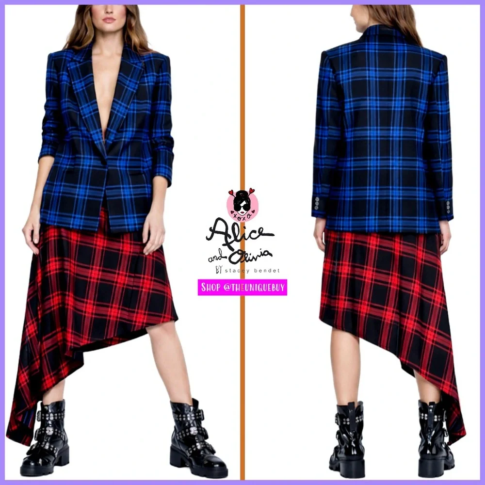 Alice + Olivia Natalina Plaid High-Low Asymmetrical Red Black Midi Skirt